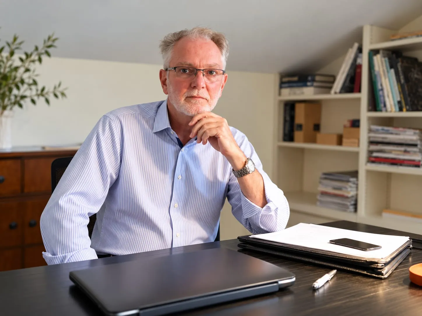 Jean-François Vincent, expert immobilier, assis à son bureau en chemise rayée, le menton posé sur la main.
