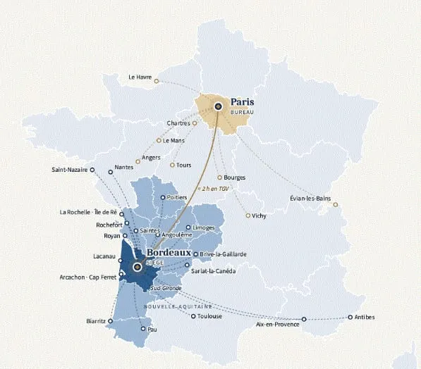 Carte de France indiquant le siège du Cabinet des Quinconces à Bordeaux, son bureau à Paris et les villes couvertes.